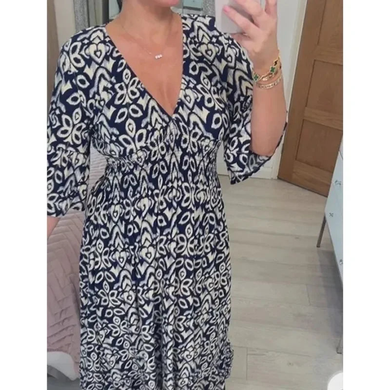 Ruth™ | Casual V-Neck Printed Dress Black Dresses