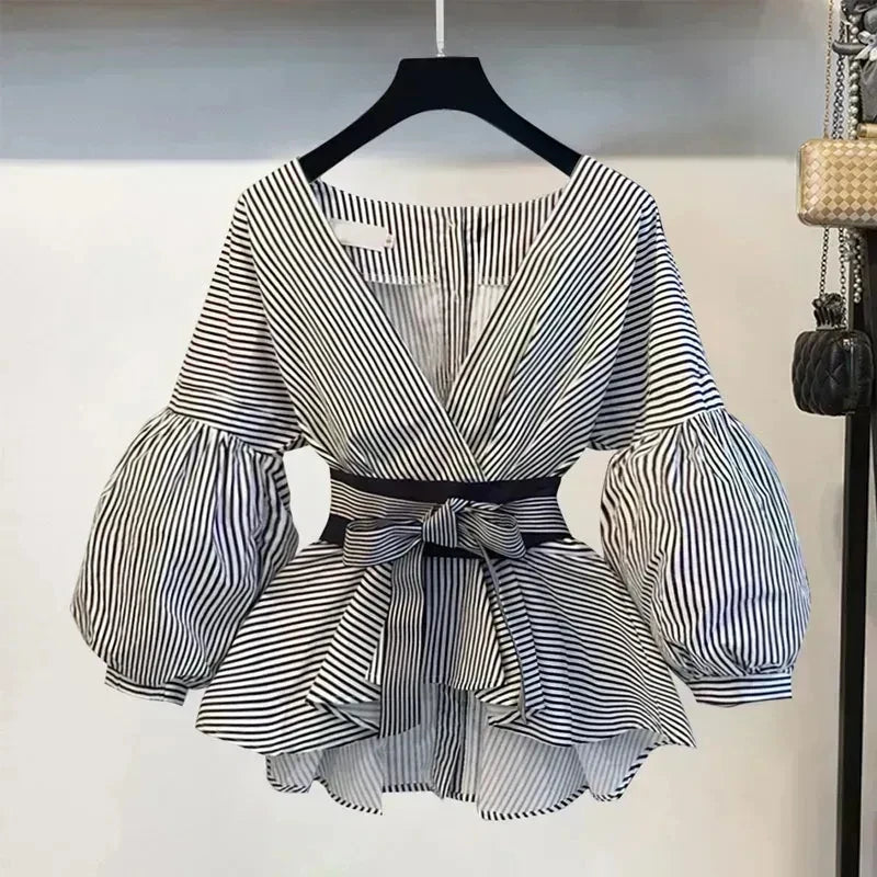 Bow-Tie Denim Two-Piece Set Only-stripe-shirt Outfit Sets