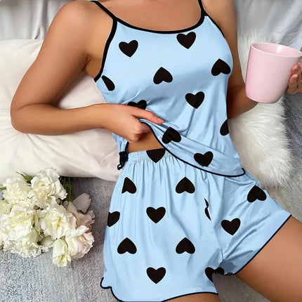 Women's Ice-Silk Heart-Print Pajama Set Blue Women's Tops