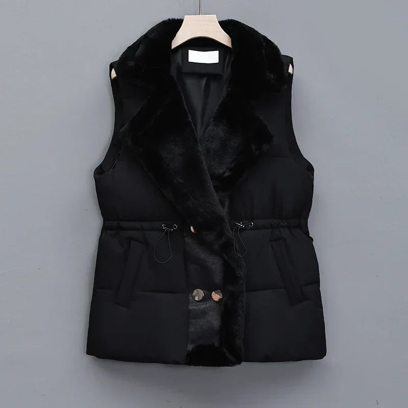 Elegant Layering Vest – Faux-Fur Collar Puffer Black Women's Jacket
