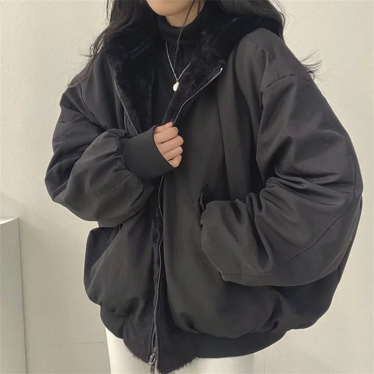 Two-way Hooded Jacket Black Jacket