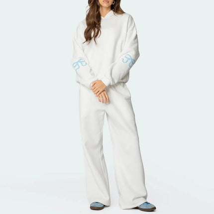 Women’s 2-Piece Bow Print Hoodie & Wide Leg Pants Set White Two piece set