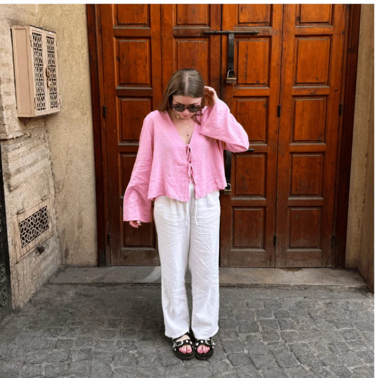 Seraphina | Lace Up Bow Shirt Pink Blouse
