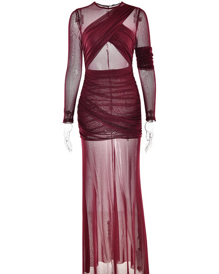 Articat Elegant Mesh Patchwork Long Sleeve Bodycon Dress Dresses