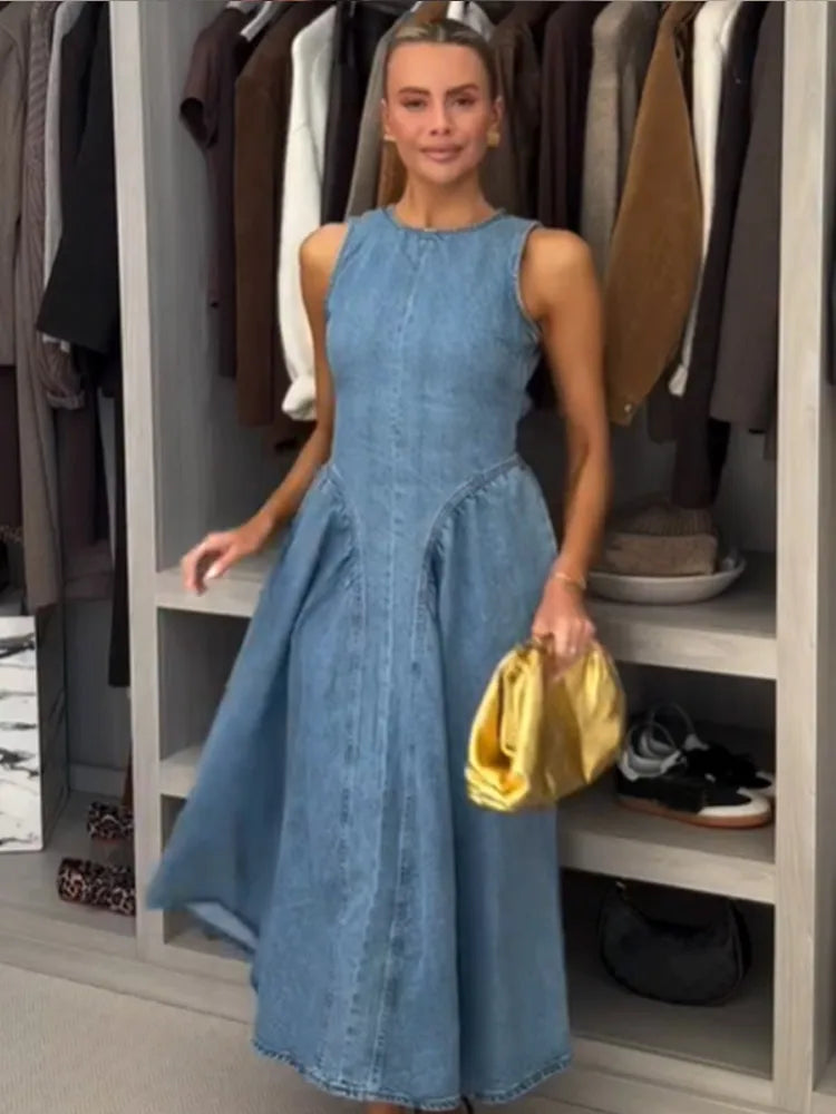 Women’s Pleated High-Waist A-Line Denim Dress Dresses