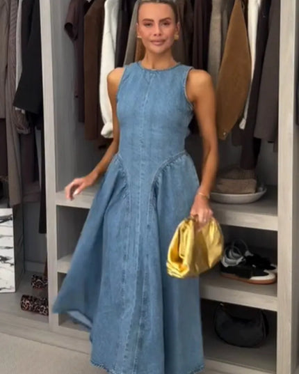 Women’s Pleated High-Waist A-Line Denim Dress – Backless & Sleeveless Party Dress Dresses