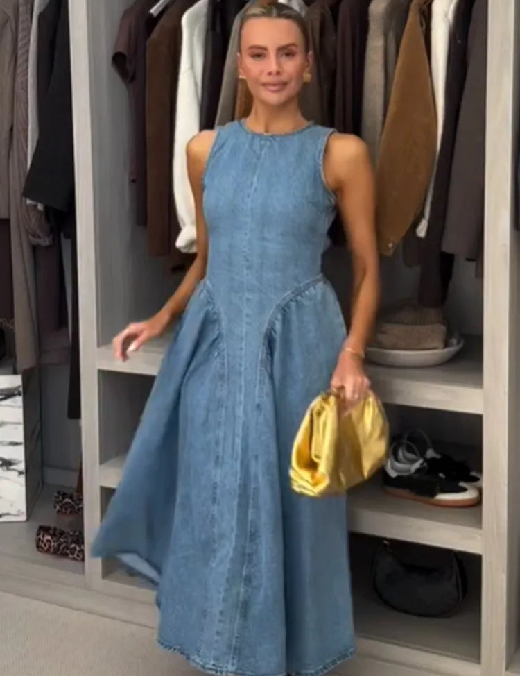 Women’s Pleated High-Waist A-Line Denim Dress Dresses