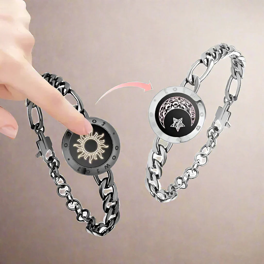 Sun and Moon totwoo Love Bracelets,Long Distance Relationship touch Light up & Vibrate Bracelets for Couples, Gifts Figaro Black Sliver Jewellery