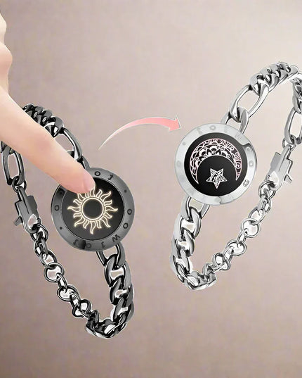 Sun and Moon totwoo Love Bracelets,Long Distance Relationship touch Light up & Vibrate Bracelets for Couples, Gifts Figaro Black Sliver Jewellery