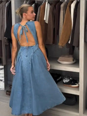 Women’s Pleated High-Waist A-Line Denim Dress Dresses
