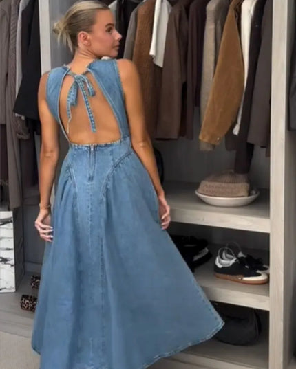 Women’s Pleated High-Waist A-Line Denim Dress – Backless & Sleeveless Party Dress Dresses