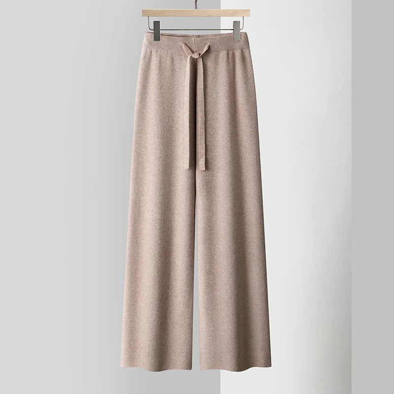 Capri Knit Trousers – Cashmere-Blend Wide-Leg Pants Tan Trousers