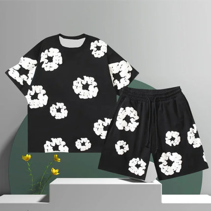 Men's Denim Tears Cotton Flower 3D Printed Shorts Set Black Shorts