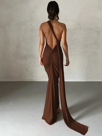 Hugcitar One‑Shoulder Ruched Maxi Dress Brown Dresses