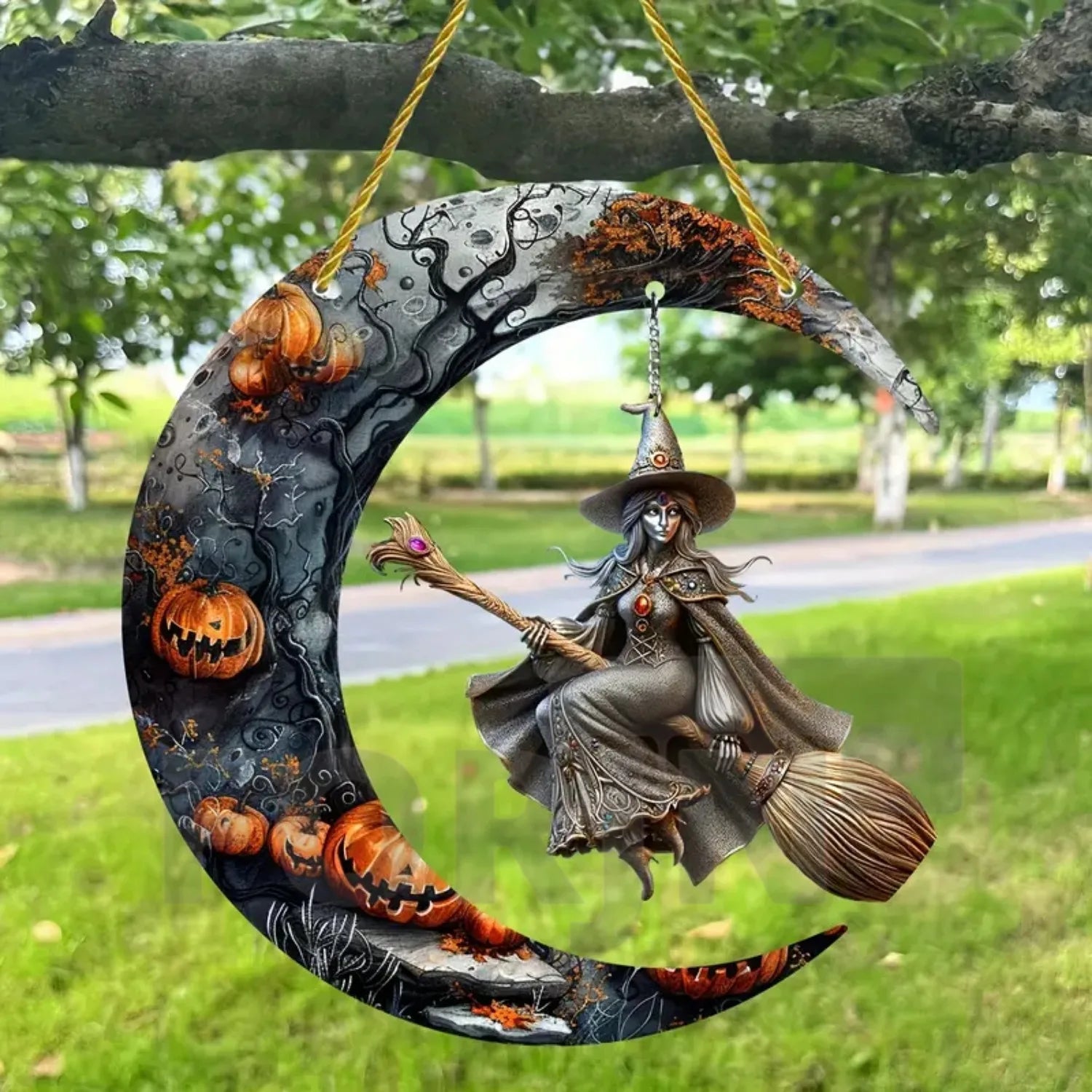 Moonlit Witch & Broom Acrylic Suncatcher 4 Halloween Decorations