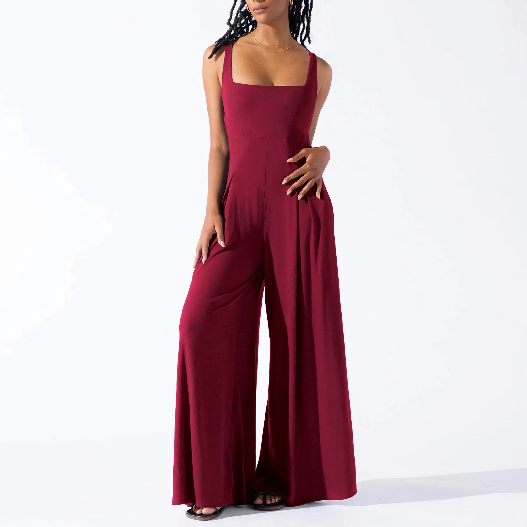 Women's High‑Waist Wide‑Leg Sleeveless Jumpsuit Burgundy Jumpsuit