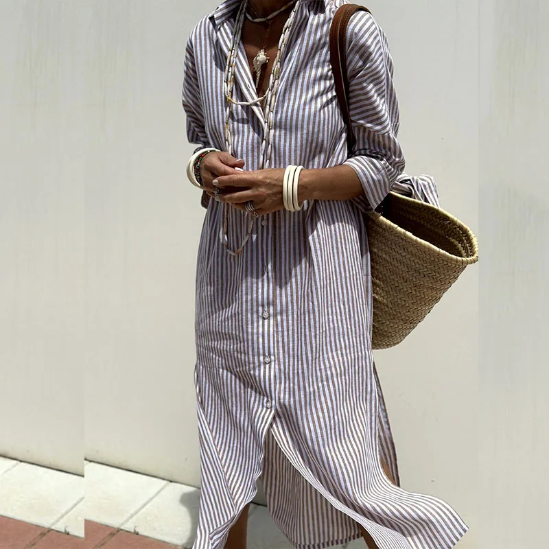 Karina™ | Elegant striped shirt dress Khaki Dresses