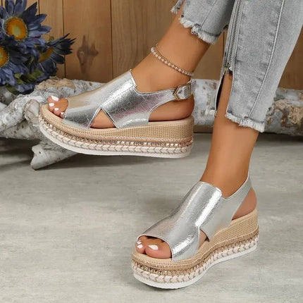Kimberly™ | Elegant Wedge Sandals Silver Shoes & Sandals