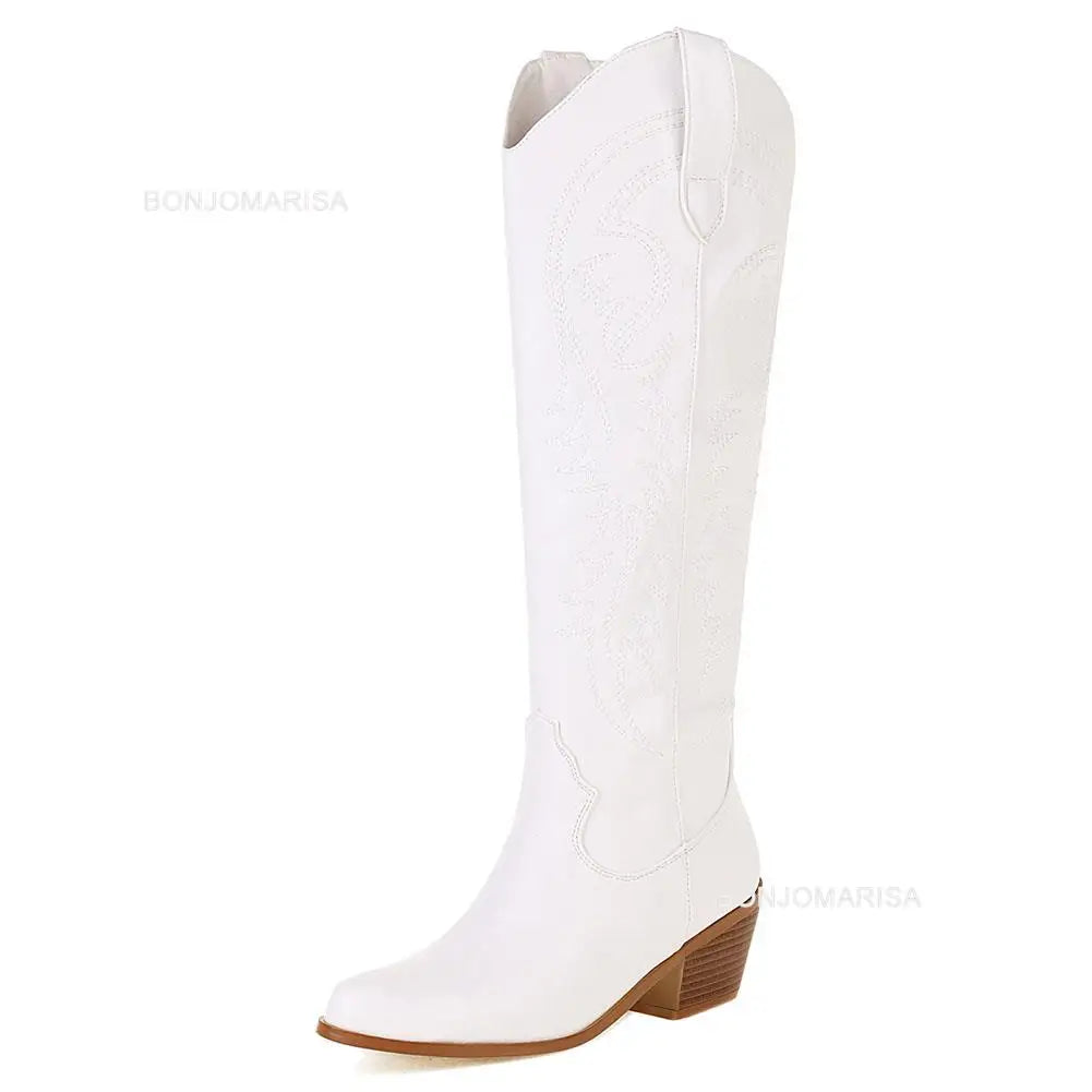 Chunky Heel Cowboy Cowgirl Boots White Boots