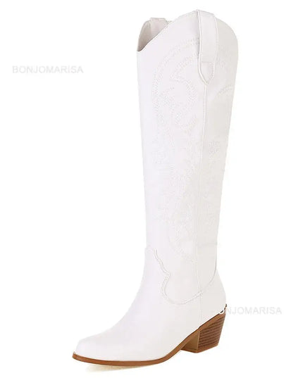 Chunky Heel Cowboy Cowgirl Boots White Boots