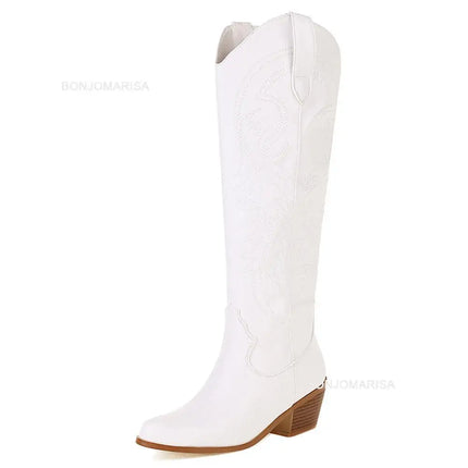 Chunky Heel Cowboy Cowgirl Boots White Boots