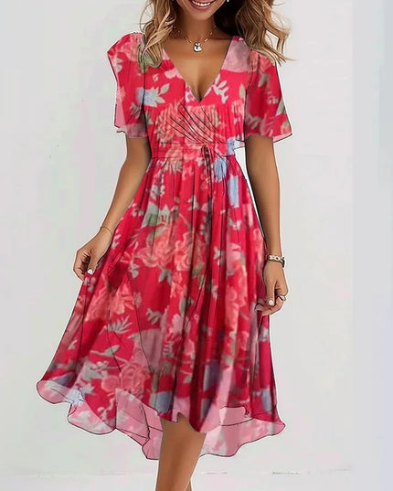 Short-Sleeve A‑Line Midi Dress Red Dresses
