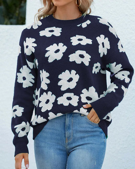 Women’s Floral Lantern Sleeve Knit Sweater Navy blue Women Sweater
