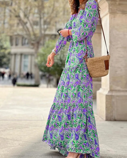 Women’s Boho V-Neck Printed Midi Dress – Long Sleeve High-Waist Casual Dresses
