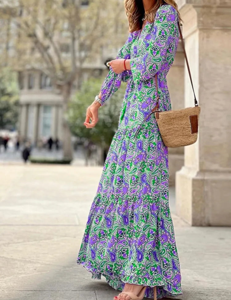 Women’s Boho V-Neck Printed Midi Dress Dresses