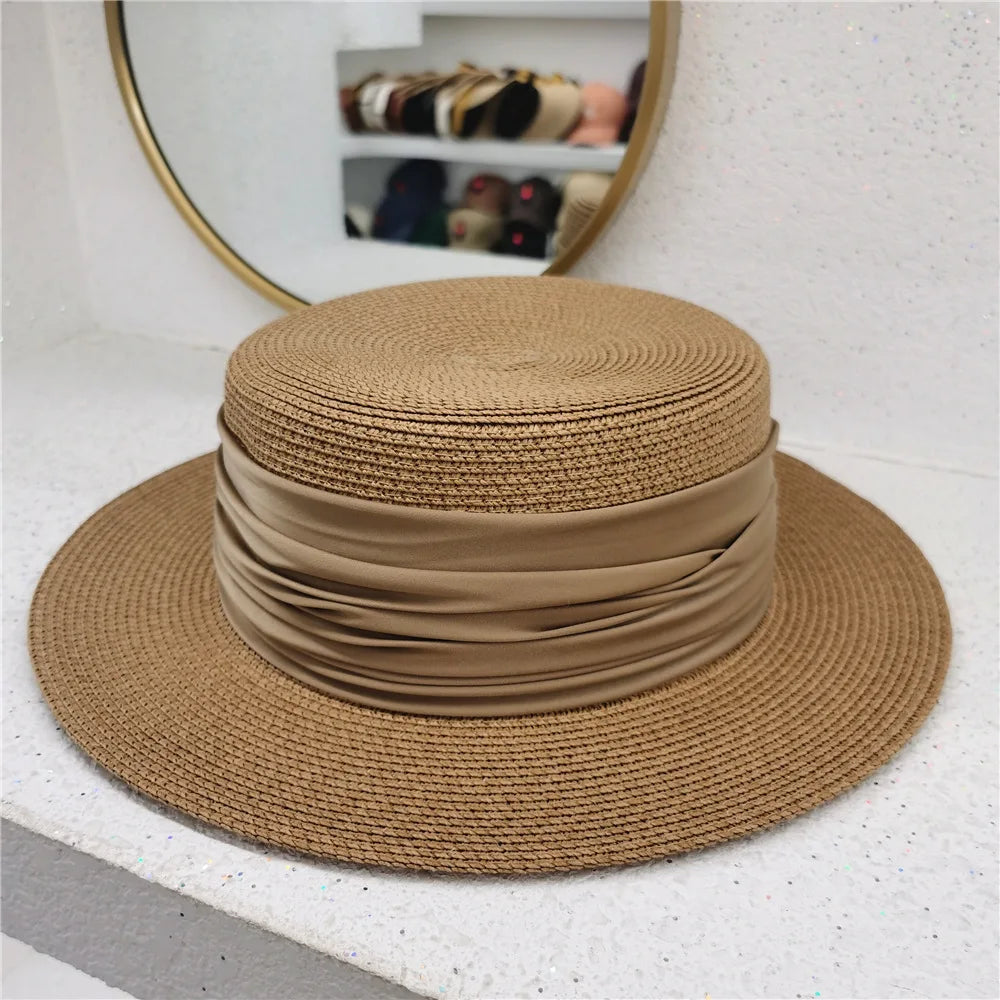 New Fedoras Summer Women's Boater Beach Hat Wide Side Female Casual Panama Hat Lady Classic Flat Bowknot Straw Sun Hat Women Khaki 54-58cm