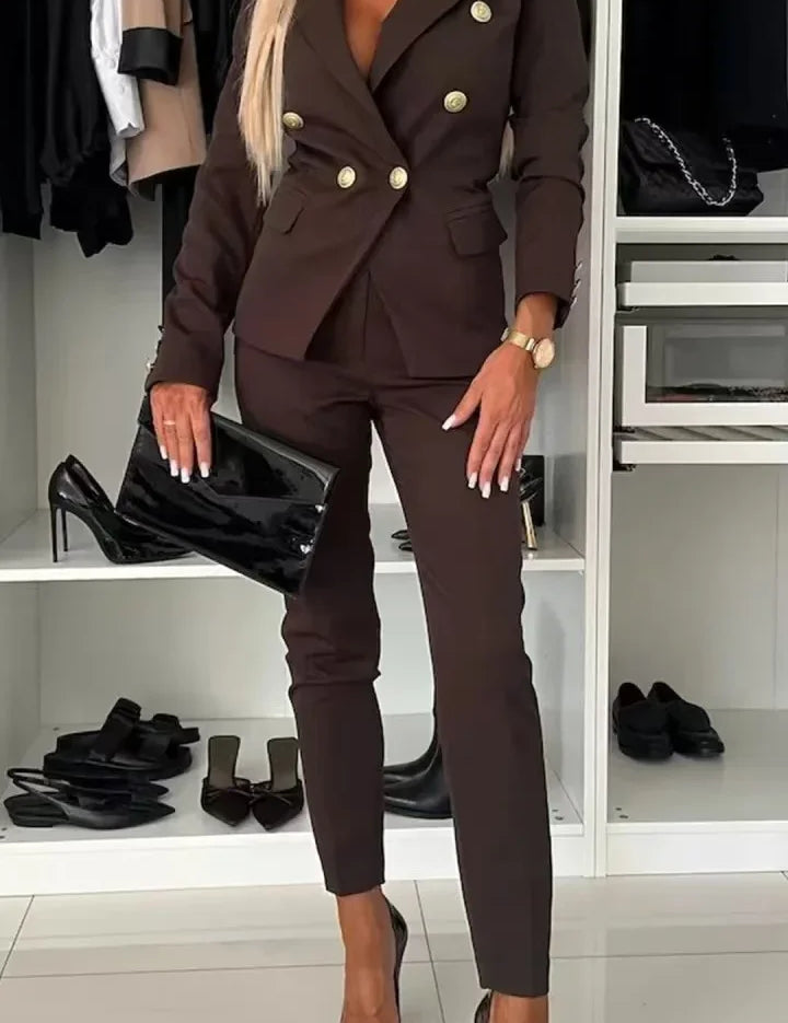 Elyse™ | Corporate Set Blazer & High Waist Pencil Pants Dark Brown Two piece set