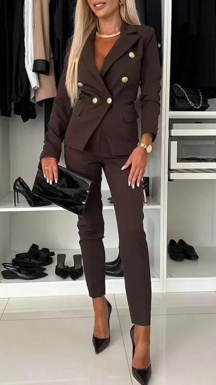 Elyse™ | Corporate Set Blazer & High Waist Pencil Pants Dark Brown Two piece set