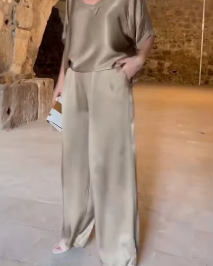 Summer Short-sleeved T-shirt Two-piece Set For Women Khaki Outfit Sets