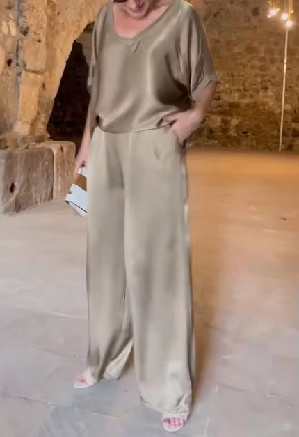 Summer Short-sleeved T-shirt Two-piece Set For Women Khaki Outfit Sets