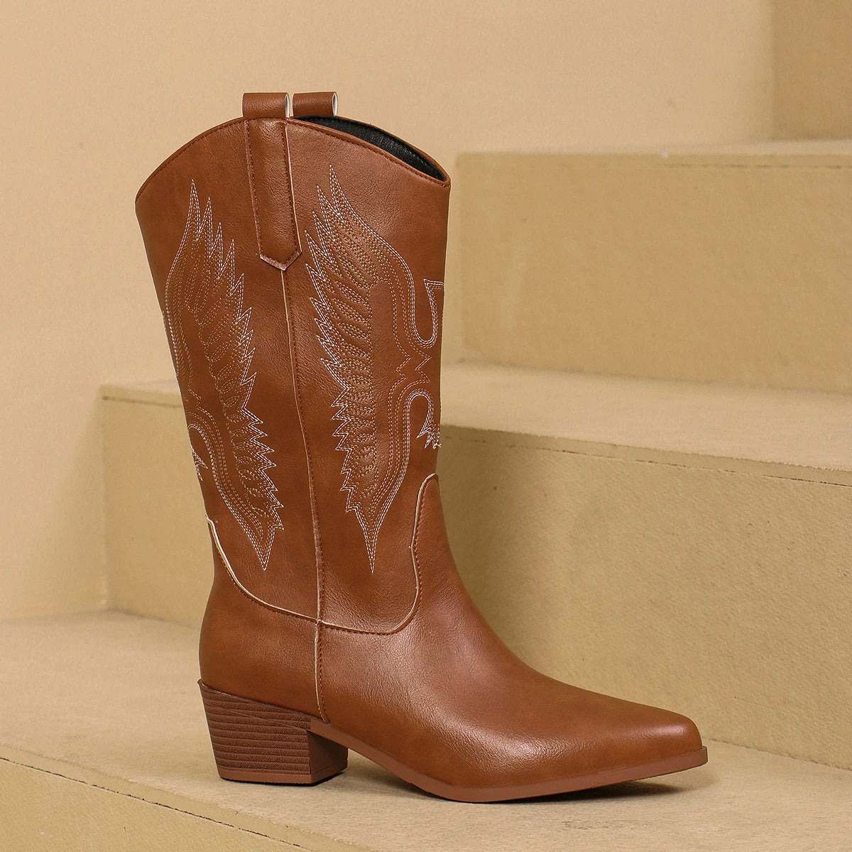 Fashion Pointy Toe Embroidered Mid-Calf Western Boots Brown Boots