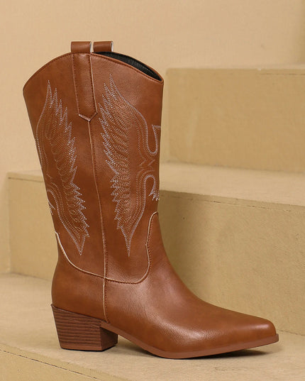Fashion Pointy Toe Embroidered Mid-Calf Western Boots Brown Boots
