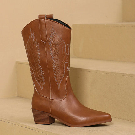 Fashion Pointy Toe Embroidered Mid-Calf Western Boots Brown Boots