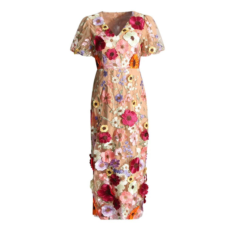 Emilia | Floral Puff Sleeve Midi Dress Apricot Dress