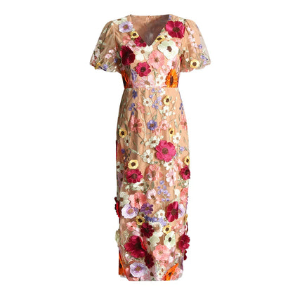 Emilia™ | Floral Puff Sleeve Midi Dress Apricot Dress