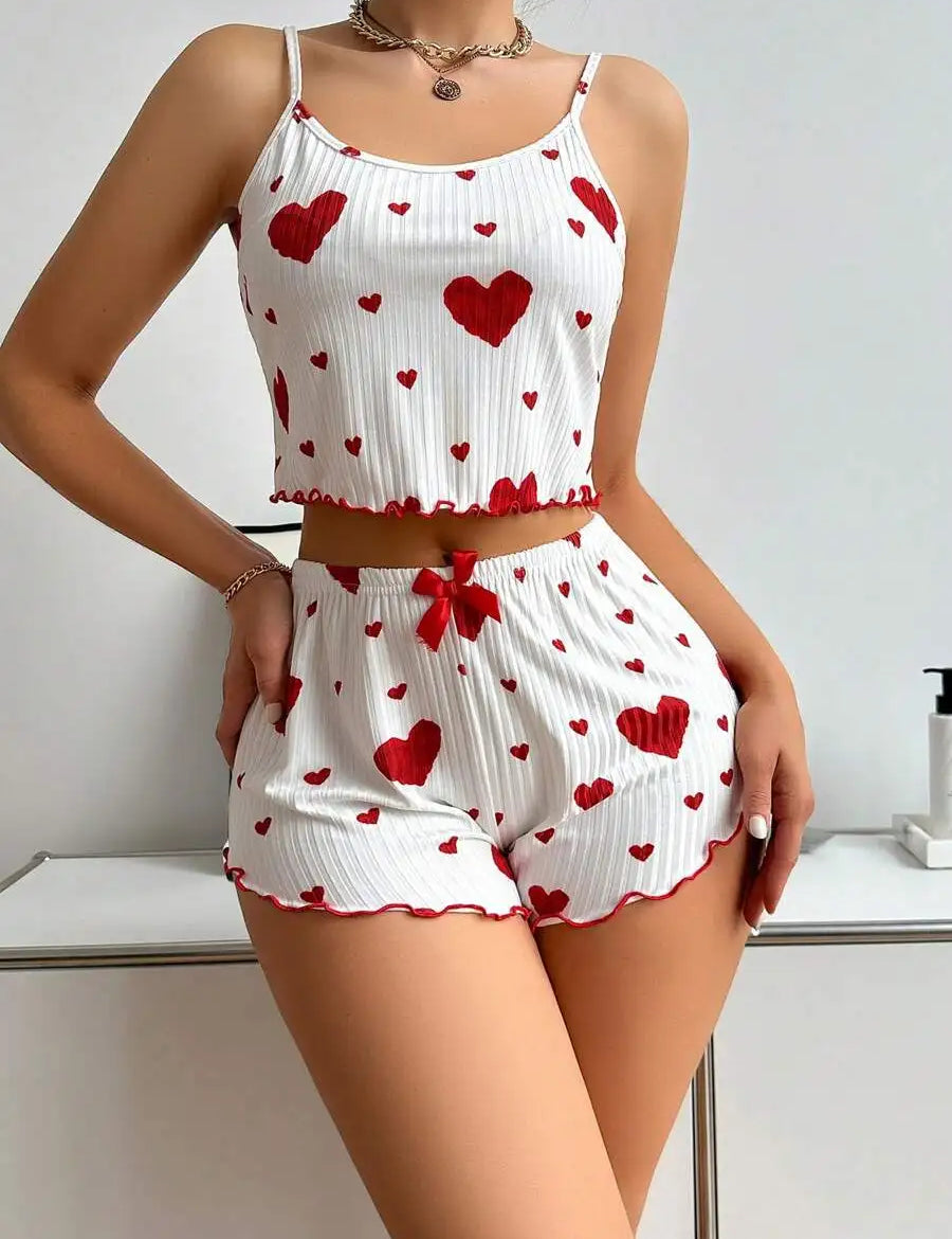 Women’s Strawberry Print Milk-Silk Cami & Shorts Pajama Set love Women's Tops