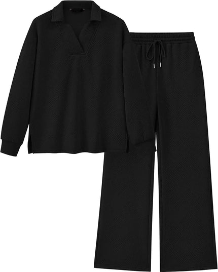 Mireya™ | Women's Lapel V Neck Textured Lounge Sets Two piece set