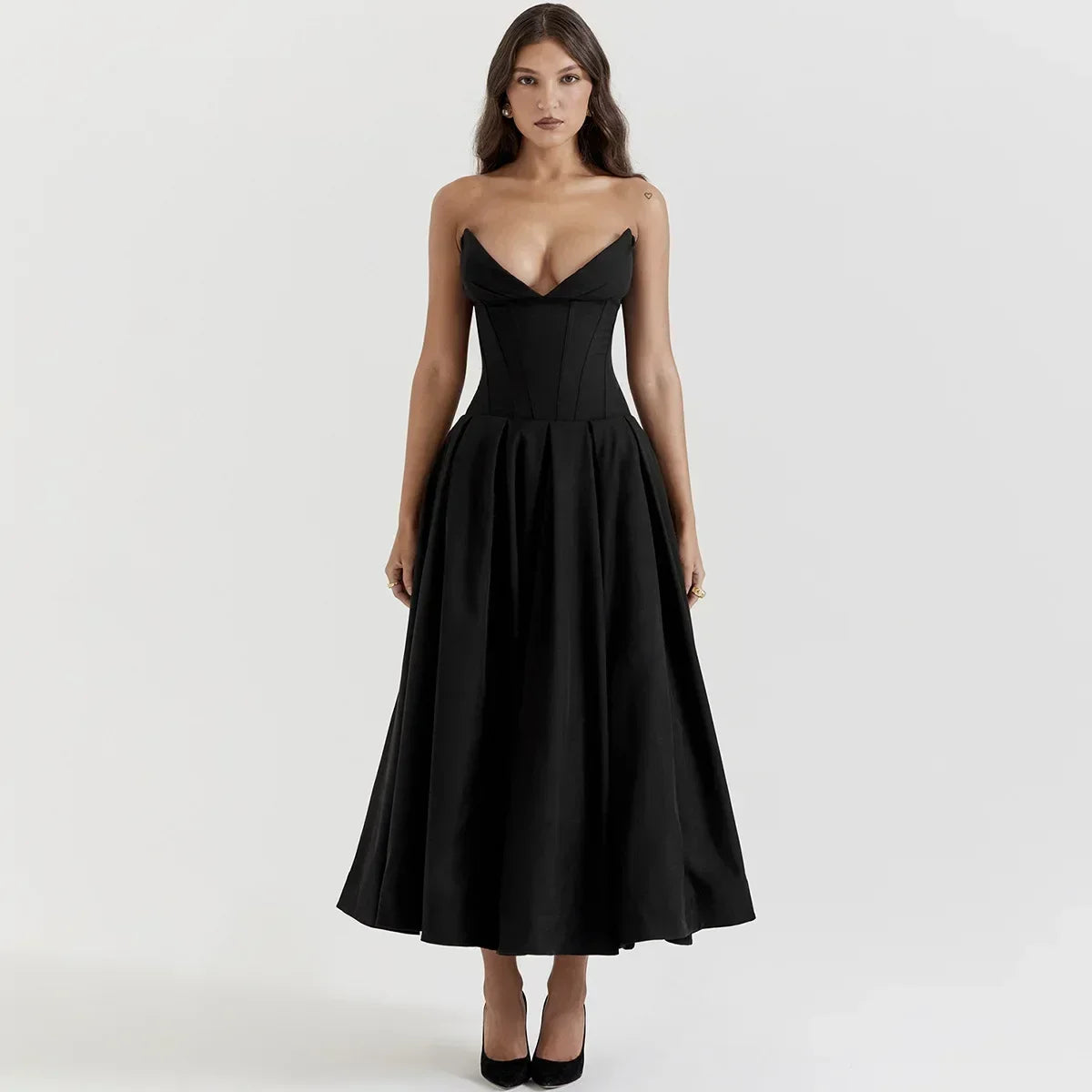 Fiona | Black Strapless Corset Midi Dress Dresses