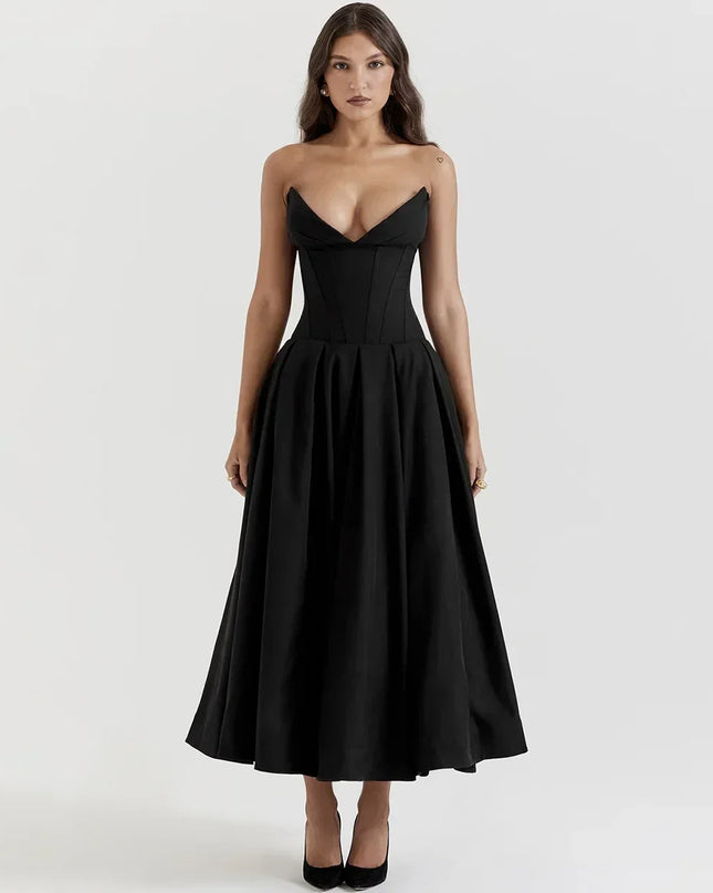 Fiona | Black Strapless Corset Midi Dress Dresses