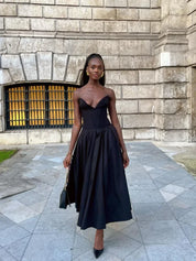 Fiona | Black Strapless Corset Midi Dress Dresses