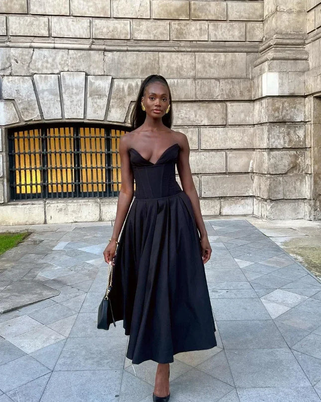Fiona | Black Strapless Corset Midi Dress Dresses