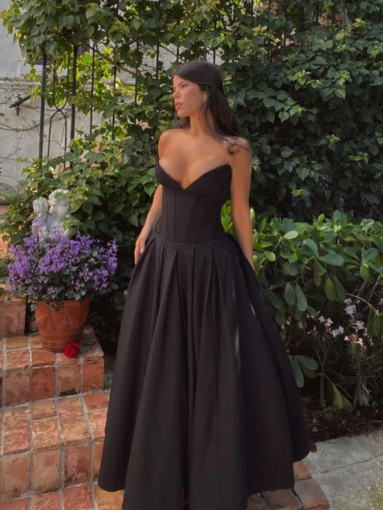 Fiona | Black Strapless Corset Midi Dress Dresses