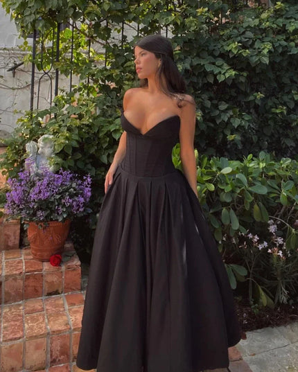 Fiona | Black Strapless Corset Midi Dress Dresses