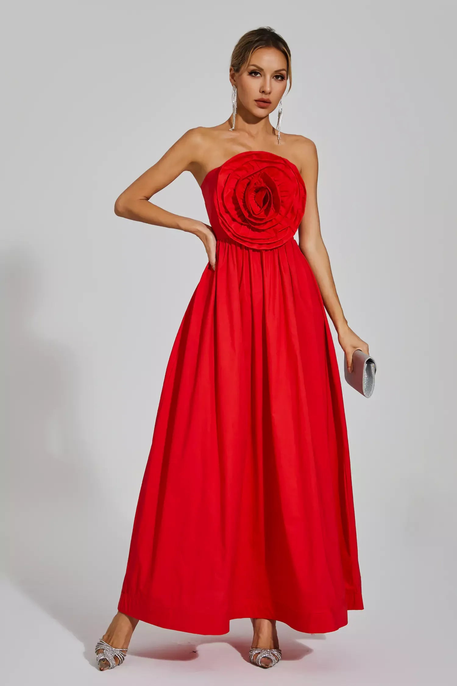 Mariah™ | Red Rose Flower Off Shoulder Dress L Dresses