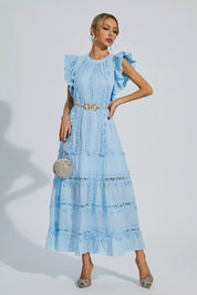 Nina | Blue Embroidered Belted Maxi Dress XL Dress