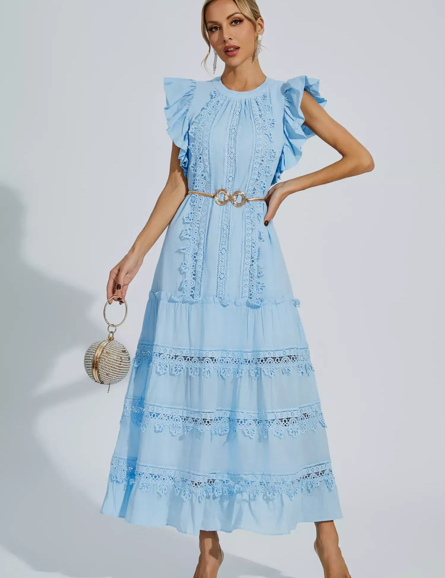 Nina | Blue Embroidered Belted Maxi Dress Dress